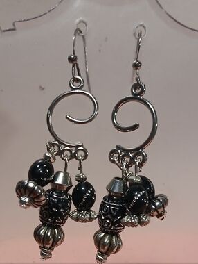 Hand Crafted Silver-Tone Black Bead Dangle Earrings